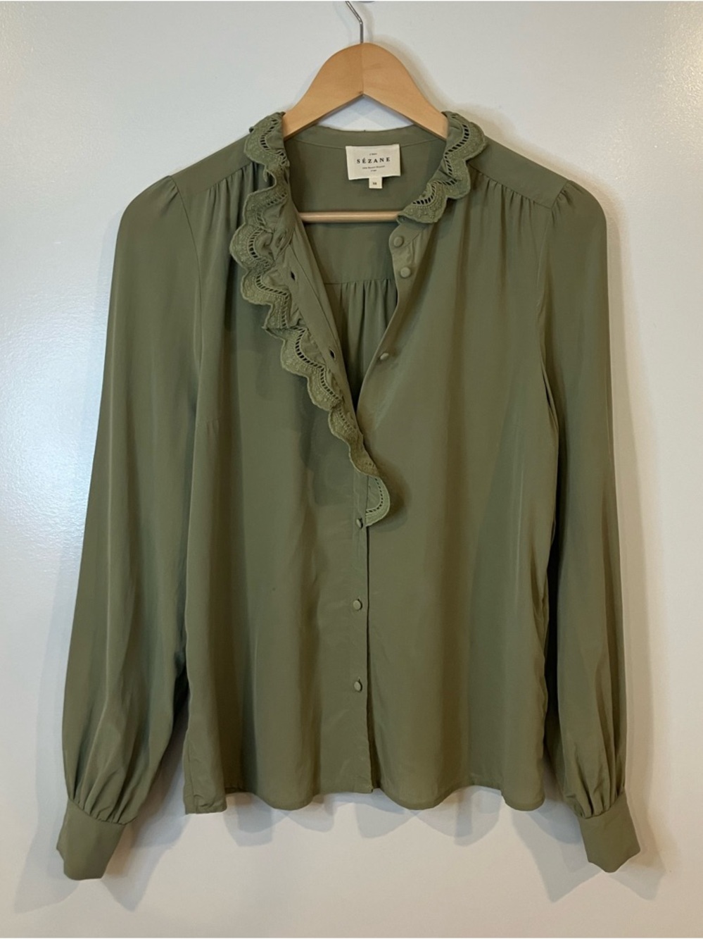 Sézane Chlo Silk Shirt Olive Green Embroidered Blouse Size 38 Medium